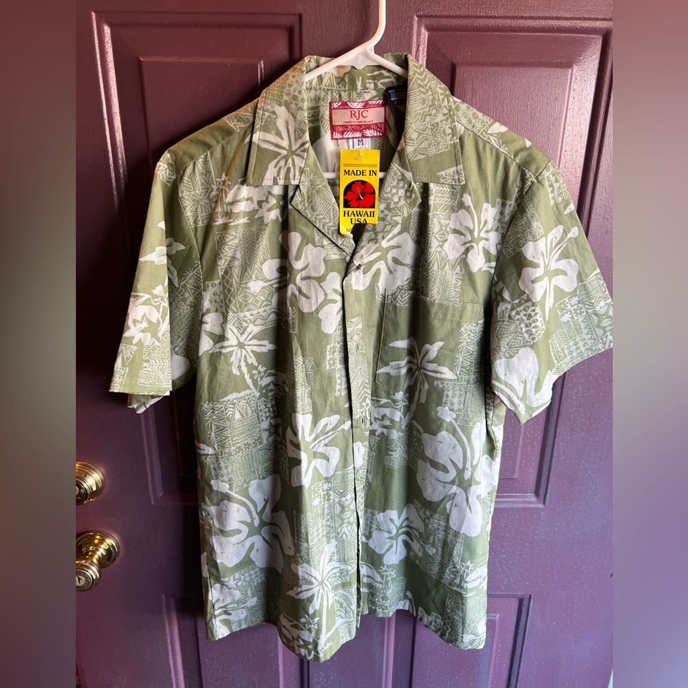 NWT RJC Green Print Hawaiian Shirt Aloha Cotton Medium